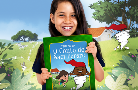 Foto de uma criança com sua coleção Contos Clássicos da Editora Dentro da História