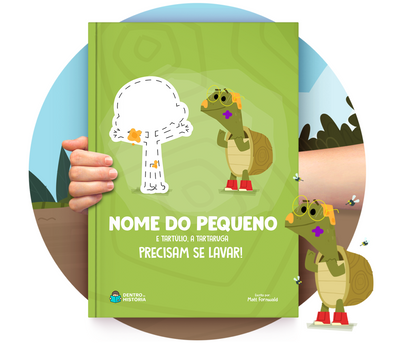 Cena do livro personalizado Tartúlio, a tartaruga, precisa se lavar!