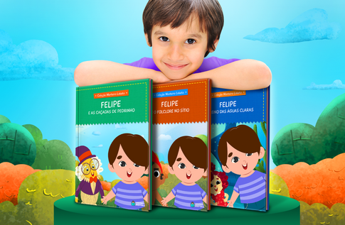 Foto de uma criança com sua coleção Personagens Clássicos da Editora Dentro da História