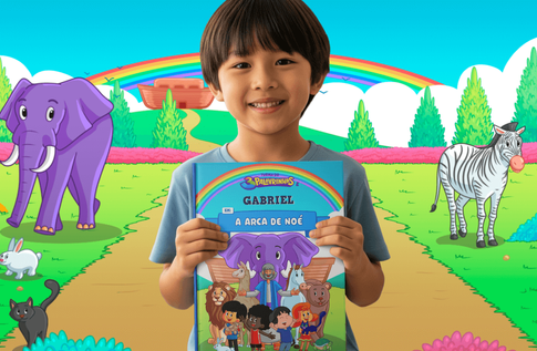 Crianças brincando com seus livros personalizados de A Arca de Noé