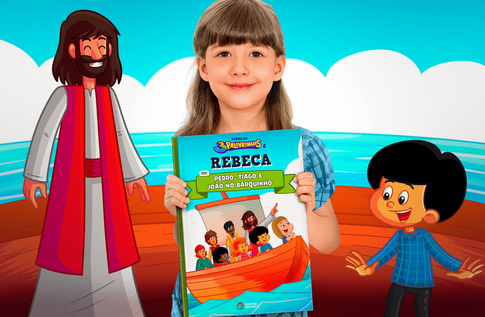 Crianças brincando com seus livros personalizados de Pedro, Tiago e João no Barquinho