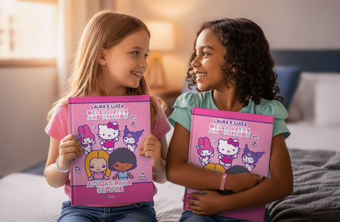 Crianças brincando com seus livros personalizados de Amigos para Sempre