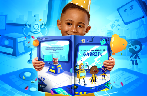 Crianças brincando com seus livros personalizados do Fantástico Aniversário - Fantástico Aniversário