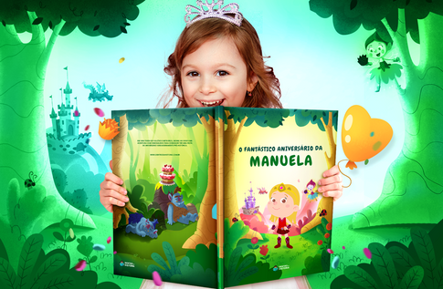 Crianças brincando com seus livros personalizados do Fantástico Aniversário