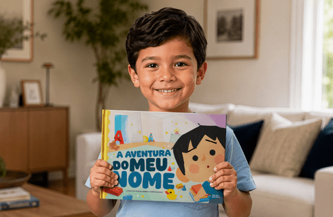 Crianças brincando com seus livros personalizados de A Aventura do Meu Nome