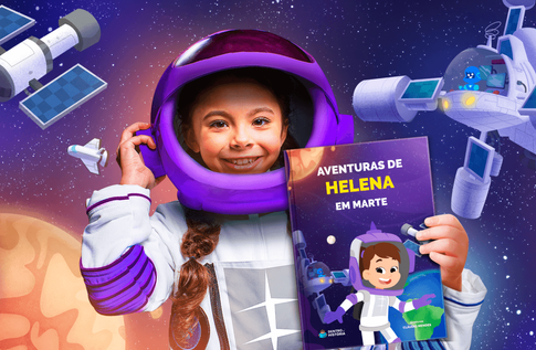 Crianças brincando com seus livros personalizados de Aventuras em Marte