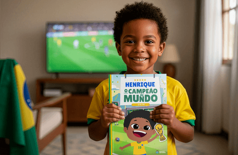 Crianças brincando com seus livros personalizados de Campeão do Mundo