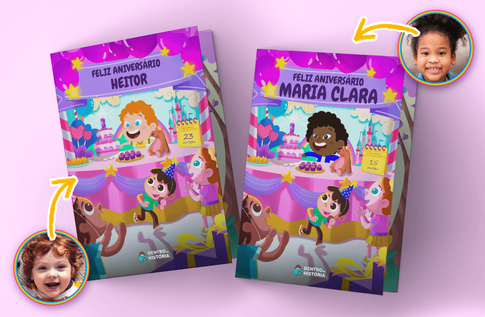 Crianças brincando com seu Cartão Personalizado Aniversário de Reino Encatado