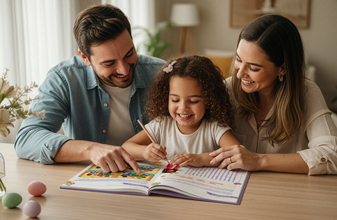 Crianças brincando com seus livros personalizados de Brincando e Aprendendo sobre o Verdadeiro Sentido da Páscoa