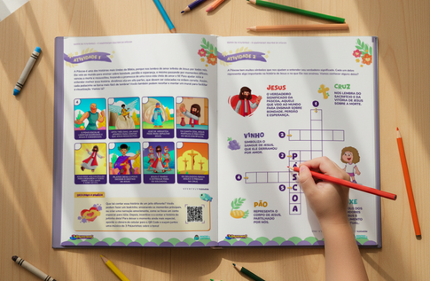 Crianças brincando com seus livros personalizados de Brincando e Aprendendo sobre o Verdadeiro Sentido da Páscoa