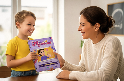 Crianças brincando com seus livros personalizados de Diário de Memórias da Mamãe