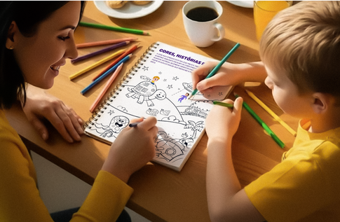 Crianças brincando com seus livros personalizados de Diário de Memórias da Mamãe