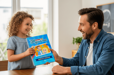 Crianças brincando com seus livros personalizados de Diário de Memórias do Papai