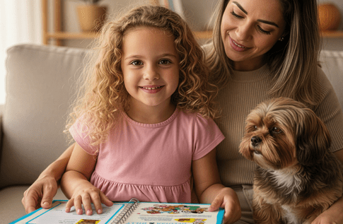 Crianças brincando com seus livros personalizados de Diário do Pet