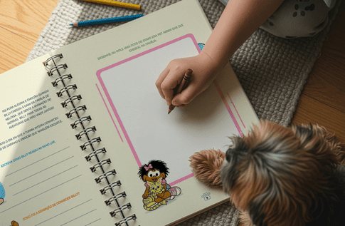 Crianças brincando com seus livros personalizados de Diário do Pet