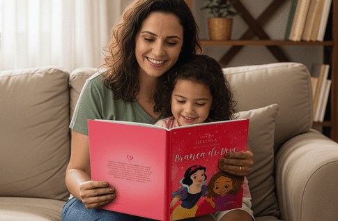 Foto de uma criança com sua coleção A Magia da Disney! da Editora Dentro da História