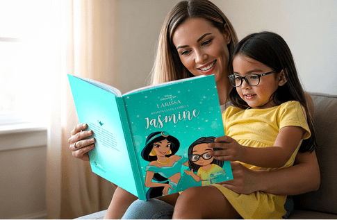 Crianças brincando com seus livros personalizados de Disney Princesas