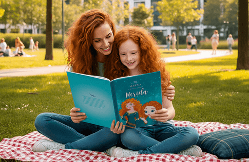 Crianças brincando com seus livros personalizados da Valente como a Merida