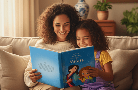 Foto de uma criança com sua coleção Fortes da Disney da Editora Dentro da História