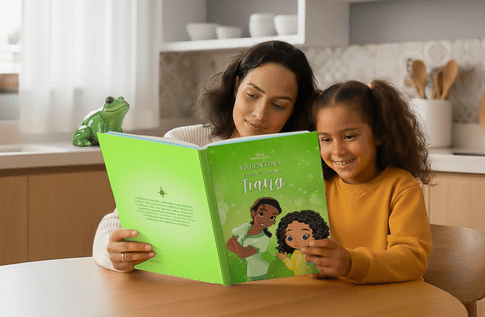 Crianças brincando com seus livros personalizados da Paciente como a Tiana