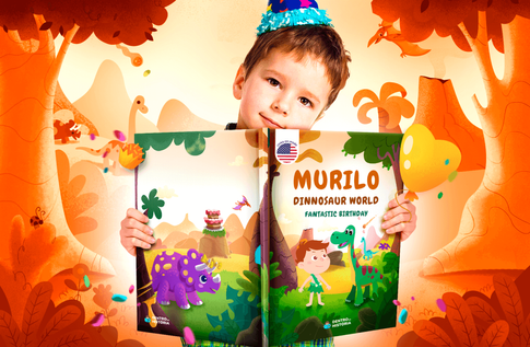 Crianças brincando com seus livros personalizados de Fantastic Birthday Dinosaur
