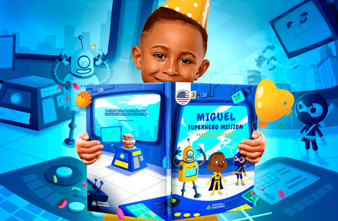 Crianças brincando com seus livros personalizados de Fantastic Birthday Super Hero