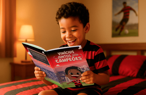 Crianças brincando com seus livros personalizados de Juntos, Somos Campeões!