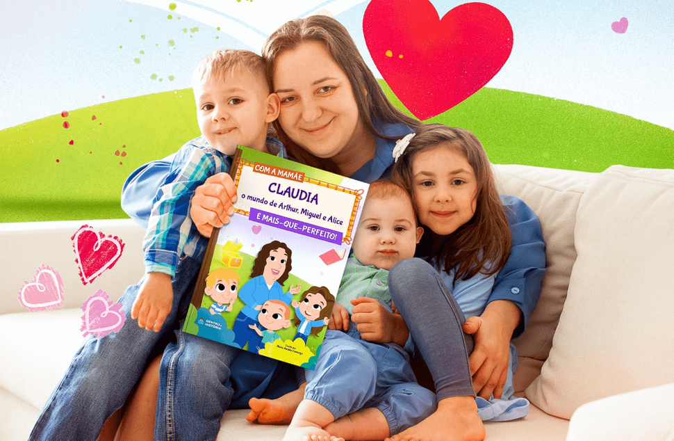 Crianças brincando com seus livros personalizados O Mundo é Mais-Que-Perfeito