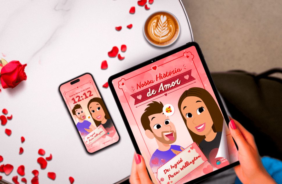 Crianças brincando com seus ebooks personalizados de Nossa história de amor