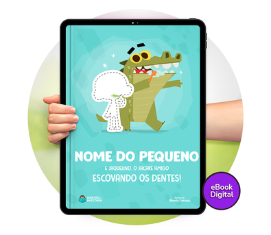 Cena do livro Personalizado do livro Jaquelino, o jacaré, escovando os dentes!