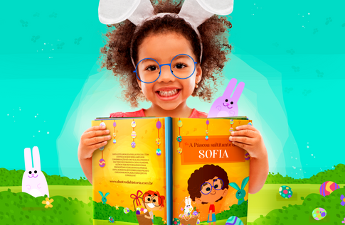 Crianças brincando com seus livros personalizados A Páscoa Saltitante