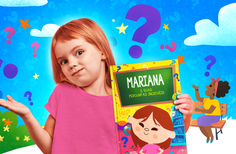 Crianças brincando com seus livros personalizados de Perguntas Incríveis