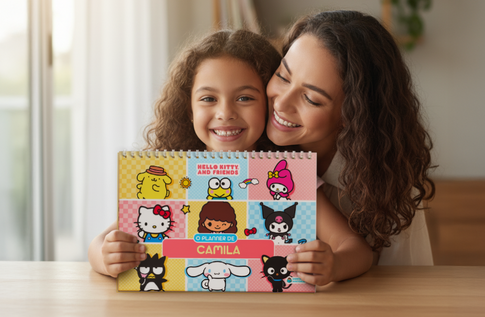 Crianças brincando com seu Planner 2026 da Hello Kitty & Amigos