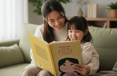 Crianças brincando com seus livros personalizados de Quando Estou Feliz