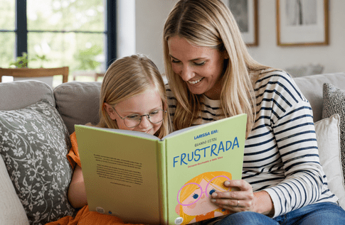 Crianças brincando com seus livros personalizados de Quando Estou Frustrado