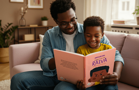 Crianças brincando com seus livros personalizados de Quando Estou com Raiva