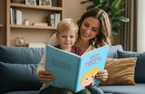 Crianças brincando com seus livros personalizados de Quando Estou Triste