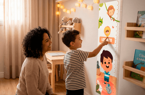 Crianças brincando com seus livros personalizados de Régua de Crescimento Personalizada de Animais