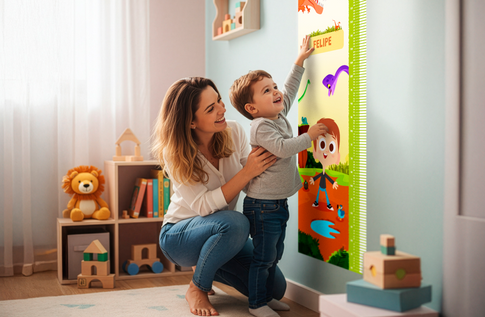 Crianças brincando com seus livros personalizados de Régua de Crescimento Personalizada dos Dinossauros
