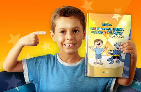 Crianças brincando com seus livros personalizados do Show de Talentos