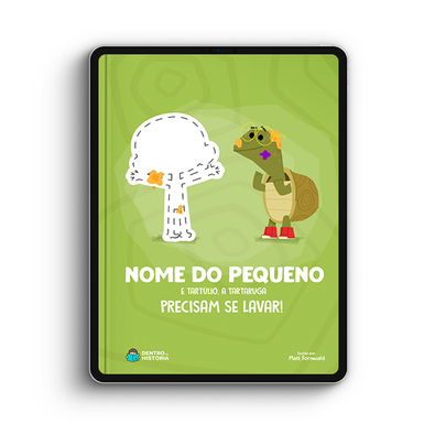Capa do livro personalizado do Tartúlio, a tartaruga, precisa se lavar!